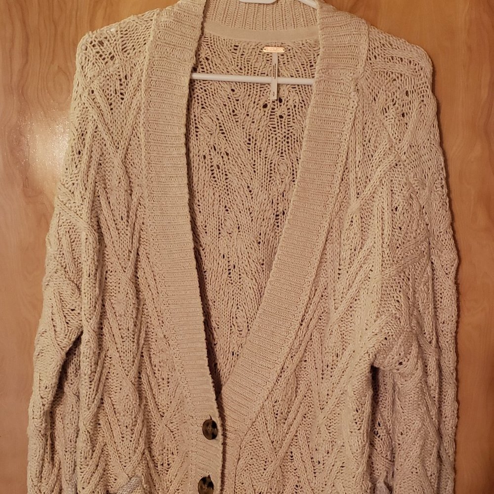Free People Montana Cable Knit Cardi Oversized Cardigan Sweater Tea Ivory SMALL